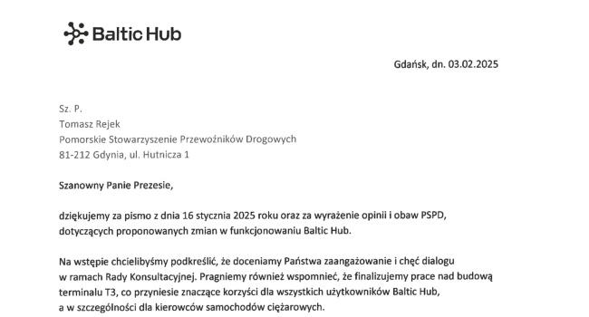 Odpowiedź kierownictwa Baltic Hub na pismo prezesa PSPD